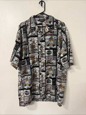 Casual Comic-Panel Button-Down Shirt - Black & Gray with Yellow Accents